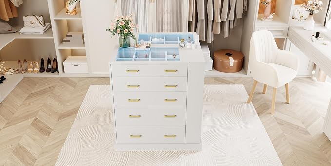 Closet Island with Open Shelves, Modern Glass Top Dresser with LED Lights, Tall Chest of Drawers with Jewelry Organizer for Bedroom,Living Room, Bedroom, Hallway, Entryway, White