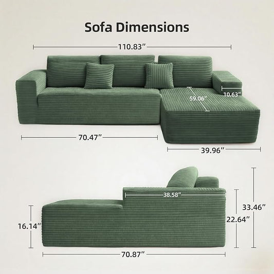 Claiks 110" Boneless Couch, Cloud Couch Sectional, L-Shape Corduroy Modular Sectional Sofa Deep Seat, Upholstered Couches for Living Room, No Assembly Required, Green, Right Facing Chaise