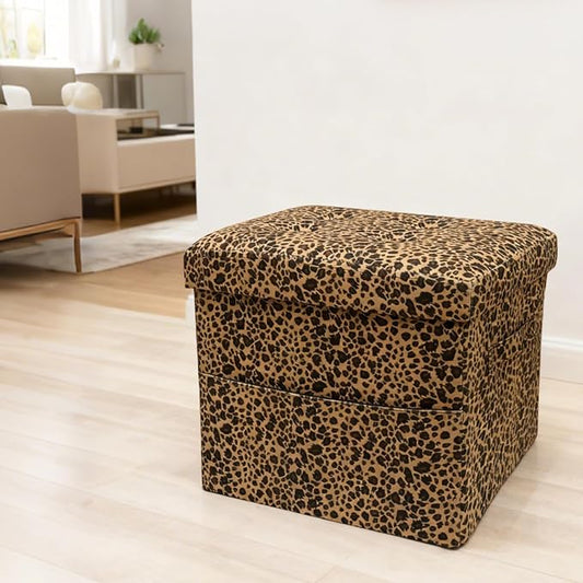ALASDO Storage Ottoman Footrest Stool Small Ottoman with Storage Foldable Ottomans Foot Rest Footstool Bench for Living Room 17x13x13inches Leopard Print