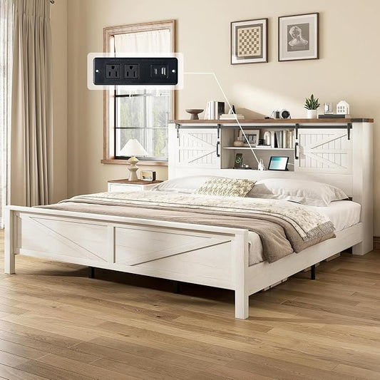 AMERLIFE 3-Piece Farmhouse Bedroom Set, King Size Bed with Sliding Barn Doors & Bookcase Headboard, 5-Drawer Tall Dresser, 4-Drawer Wide Dresser, Antique White