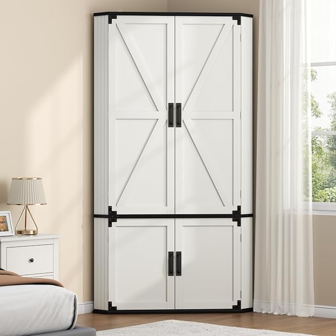 Gyfimoie Corner Wardrobe Closet with Doors, 71" Tall Freestanding Armoire Cabinet with Hanging Rod, Farmhouse Corner Storage Cabinet for Bedroom, White Wooden Corner Closet Organizer for Small Space
