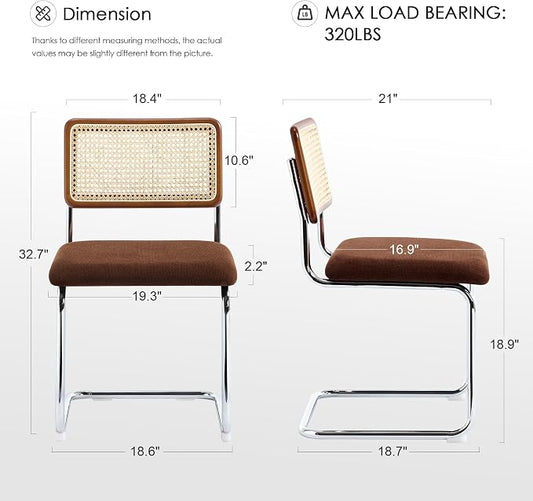 Zesthouse Rattan Dining Chairs Set of 2, Mid Century Modern Dining Room Chairs with Natural Cane Mesh & Chrome Base, Brown Cesca Chair for Kitchen, Breuer Design Inspired, Upholstered Chenille Fabric