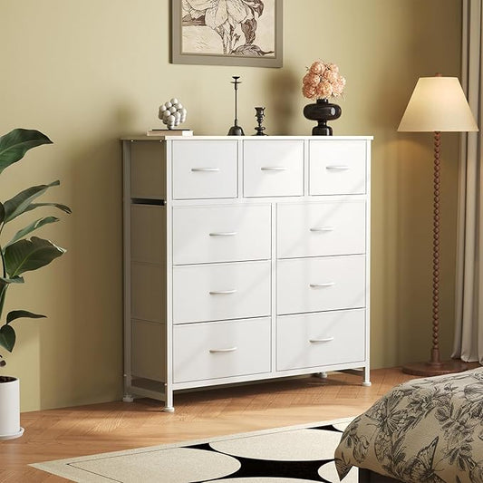 DUMOS 9 Drawer Dresser for Bedroom, Storage Organizer Chest of Drawers | Fabric Bins Storage Tower with Sturdy Metal Frame, Wood Tabletop for Closet, White