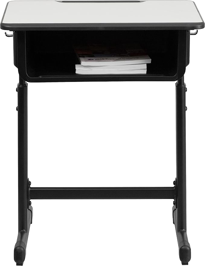 Flash Furniture Billie Open Front Student Desk for Classrooms or Remote Learning, Height Adjust School Desk with Book Box and Bag Hooks, Black/Gray
