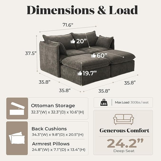 Cloud Modular Loveseat Lounge, Oversized Deep Seat, Luxe Chenille | Fully Removable Washable Covers, Memory Foam Seat Cushions, Storage Ottoman, Premium Fabric
