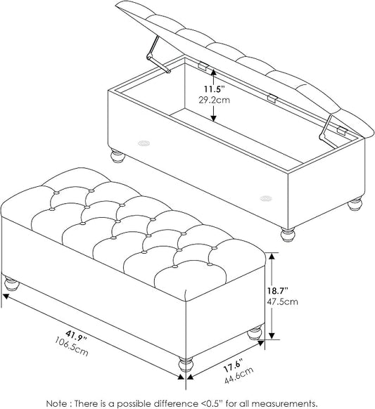 Furinno Laval Button Tufted Storage Ottoman Bench, with Safety Hinged Soft Closed Seat, for Entryway, Bedroom, Living Room, Glacier