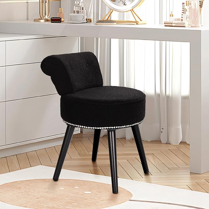 Vanity Chair with Back, Sherpa Stool with Tufted Backrest & Sliver Nailhead Trim, Round Vanity Seat for Bedroom and Bathroom Makeup, Support 220lbs, Easy Assembly (Teddy Black)
