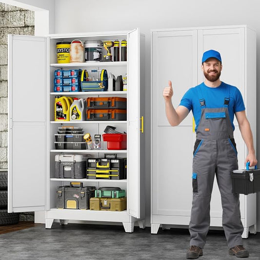 75" Metal Garage Storage Cabinet with 2 Doors and 5 Adjustable Shelves,Metal Storage Cabinets,Steel Tool Cabinets for Home,Office,Garage,Warehouse (White, 75''H x 36''W x 18''D)