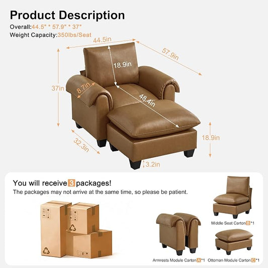 44.5" Faux Leather Single Sofa with Movable Ottoman, Oversized Accent Chair with Curved Armrests, Cloud Modern Sofa Upholstered Reading Lounge Armchair for Living Room, Bedroom,Light Brown