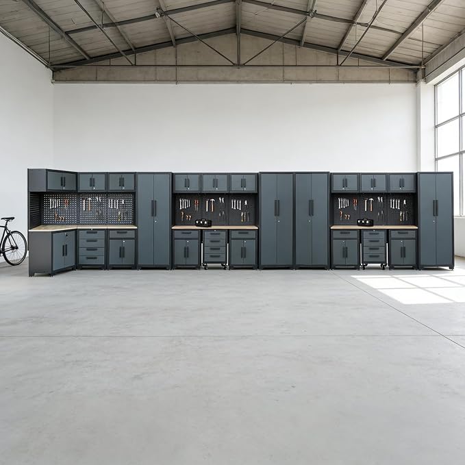 Garage Storage Cabinet System,26Pcs Garage Cabinets and Storage System Corner Workshop Set with Corner Cabinet, Cabinet Drawers, Workbench, Pegboard for Tool Organization, Black Grey