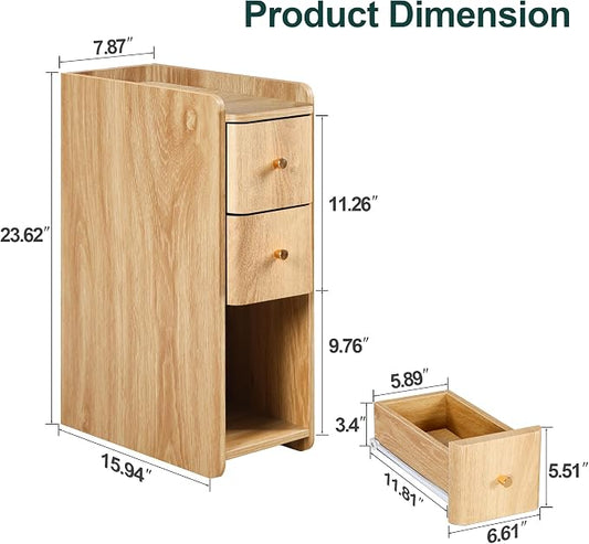 Small Nightstand Set of 2, Wood 2 Drawer Narrow Nightstand, Slim Side Table, Modern Skinny End Bedside Table, Natural Wood Night Stand with Drawers for Bedroom (Natural-2 pcs)