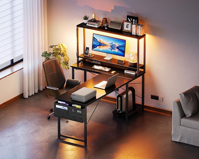 ODK 61 Inch L Shaped Desk with LED Lighting, Reversible Gaming Desk with Power Outlets, Cornor Computer Table with Storage Shelves & Bag & Iron Hook, Home Office Table for Writing, Study, Black