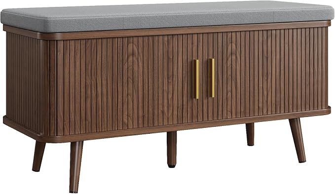 Decofy Shoe Storage Bench with Cushion and Sliding Doors, 39 Inch Shoe Bench with Storage, Freestanding Entryway Bench with Shoe Storage, with Solid Wood Legs, for Hallway & Entrance Hall, Walnut
