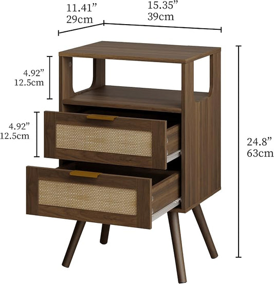 JOONEE Rattan Nightstand,Farmhouse Bedside Table with 2 Storage Drawer and Open Wood Shelf, for Bedroom and Small Spaces,Night Stand with Solid Wood Legs (Walnut Brown)