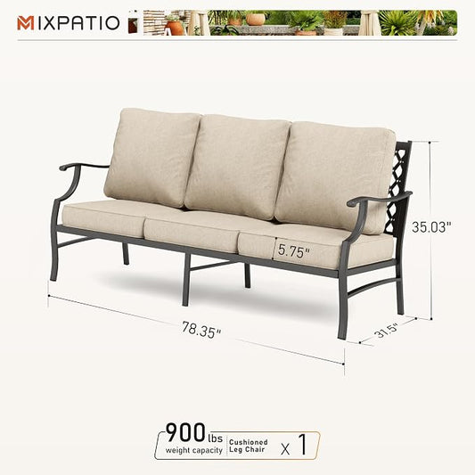 MIXPATIO Patio Couch Metal 3-Seat Outdoor Sofa Deep Seating Outdoor Furniture Beige Cushion for Front Porch, Deck, Balcony, Backyard, Sunroom