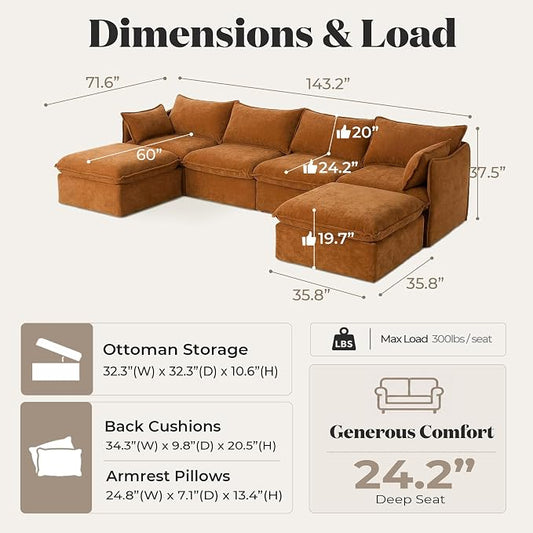 Cloud Modular Sectional Sofa, Oversized Deep Seat Comfort, Luxe Chenille | Fully Removable Washable Covers, Memory Foam Seat Cushions, Storage Ottoman, Premium Fabric