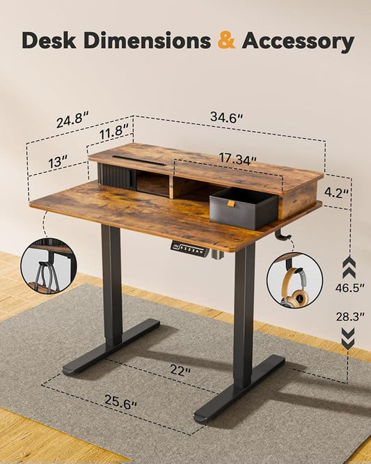 JOY worker Small Electric Standing Desk, 35" x 25" Height Adjustable Desk with Built-in Monitor Stand & Storage Drawer, Sit Stand Desk with 2 Hooks for Home Office, Rustic Brown