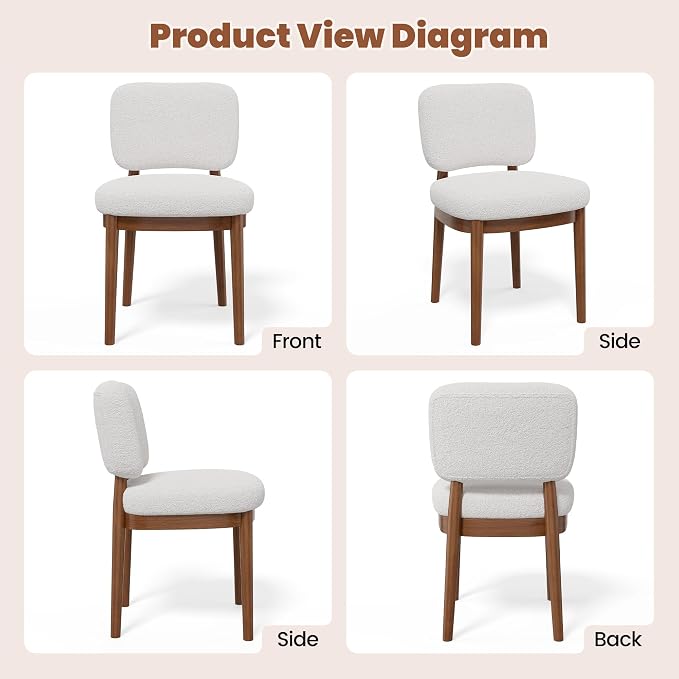 Wooden Dining Chairs Set of 2, Boucle Upholstered Kitchen Chairs with Solid Wood Legs, Mid Century Modern Dining Chairs, Farmhouse Side Chair with Hardwood Frame for Dining Room, White