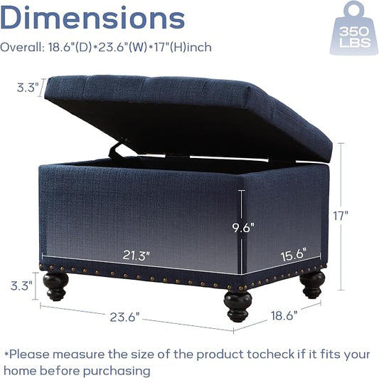 Zihanhome Small Ottoman with Storage, Upholstered Button Tufted Bench, 24" Rectangle Storage Ottoman Foot Rest, Foot Stools, for Living Room, Bedroom, Corners, Dorms and Apartments (Dark Blue)