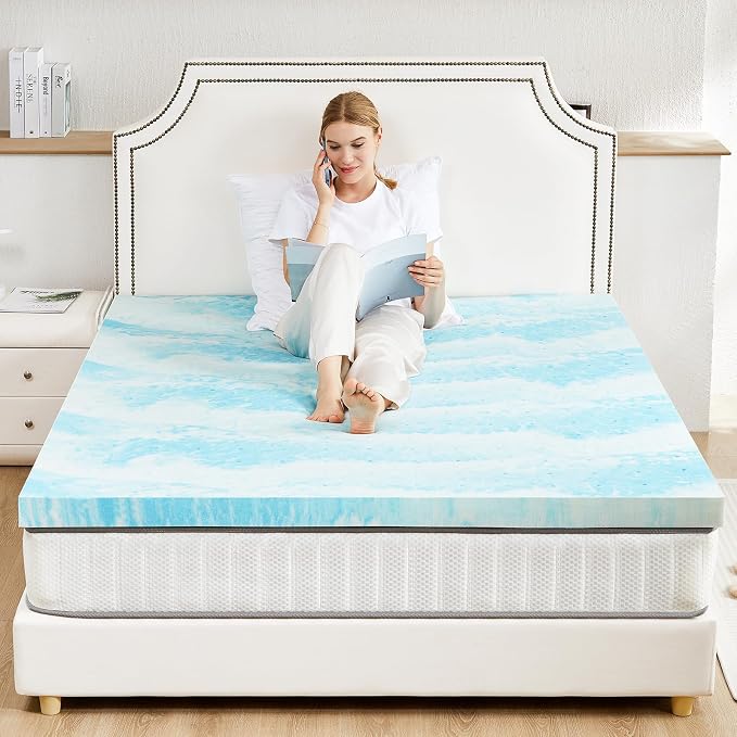 Sweetcrispy Mattress Topper Queen, 4 Inch Thick Memory Foam Gel Infused Cooling Toppers Pad for Queen Size Bed, Sleeper Sofa, RV, Camper, CertiPUR US Certified, Ventilated and Breathable, Blue