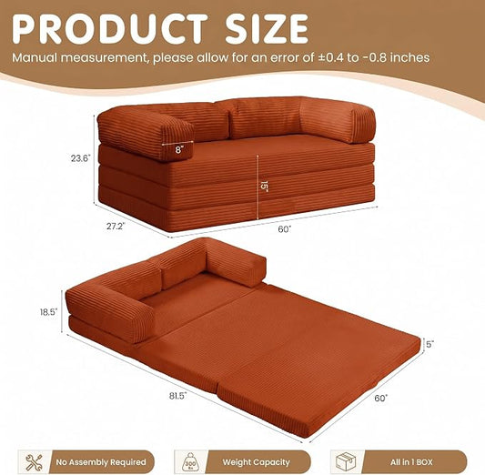 Convertible Sofa Bed Queen,5-in-1 Boneless Couch with Removable Armrests & Handle,Corduroy Futon Sleeper Sofa,Floor Folding Mattress Pull Out Bed for Small Space Apartment Living Room Bedroom,Orange