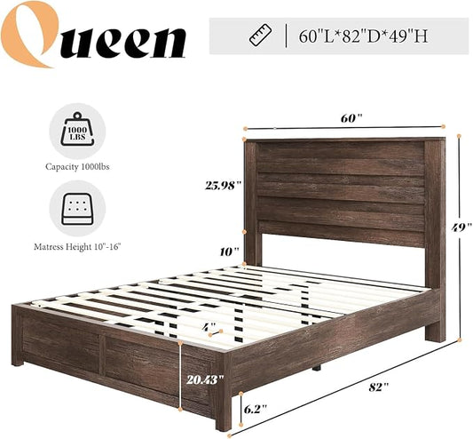 AMERLIFE 2-Piece Farmhouse Bedroom Set, Queen Size Bed Frame and 6 Drawer Dresser, Platform Bed with 49" Fluted Headboard, 54" Wide Wood Chest of Drawer for Bedroom, Grey