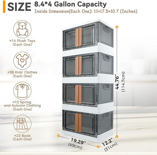 Storage Box, Plastic Cabinet, 8.4 Gallon (32L) Capacity (Each One), 4 Packs, Stackable Collapsible Drawer, with Door and Buckle, Organizer for Home and Office, Transparent