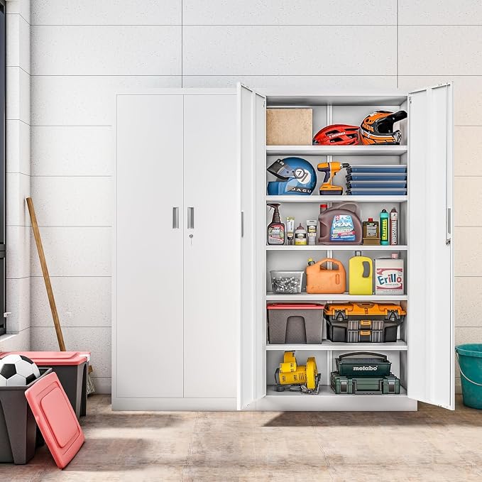 71" H Tall Metal Storage Cabinet with Lock and 5 Adjustable Shelves, Metal Garage Storage Cabinet for Home, Office, Garage, Warehouse Organize, White