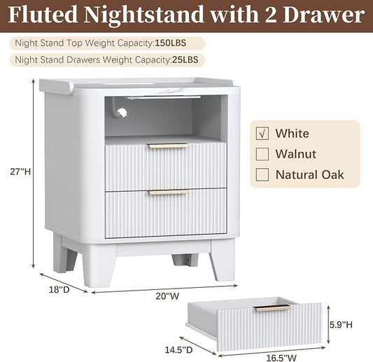 Baoz White Fluted Nightstand with Charging Station & 2 Drawers for Bedroom | 20" Wide Mid Century Modern Bedside Table Wood Faux Marble Top Curved Profile Design 27in Tall LED Night Stand