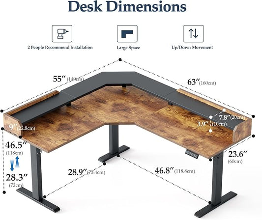 Klicelor L Shaped Electric Standing Desk 63 x 55 inch with Shelf, Height Adjustable Corner Desk, Sit Stand Desk with Storage Shelf, Home Office Computer Table, Rustic Brown