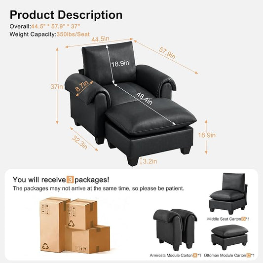 44.5" Faux Leather Single Sofa with Movable Ottoman, Oversized Accent Chair with Curved Armrests, Cloud Modern Sofa Upholstered Reading Lounge Armchair for Living Room, Bedroom,Black