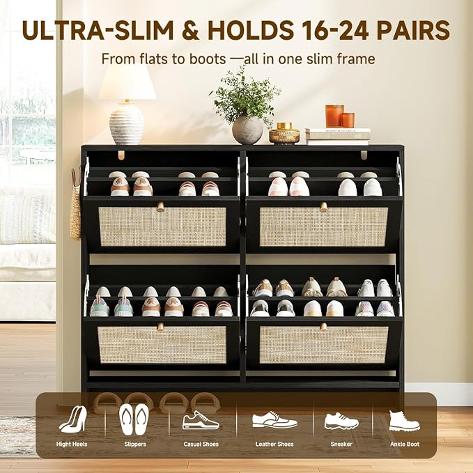 Nicetree Shoe Cabinet Storage for Entryway, 4-Flip Drawer Narrow Shoe Rack with Adjustable Shelves, Boho Modern Square Rattan Shoe Organizer, Slim Wood Storage Cabinets for Small Spaces Fits Size 13.5