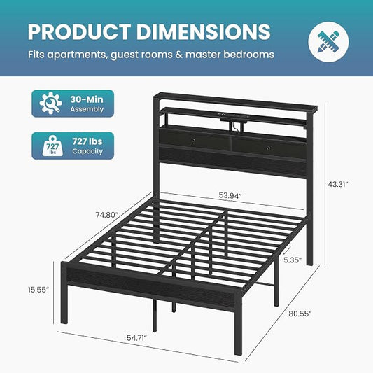 Sweetcrispy Bed Frame Full Size with LED Lights and Charging Station, Sturdy Platform Beds Frame with Storage Drawers, 3-Tier Shelves and Under Bed Storage, No Box Spring Needed, Black