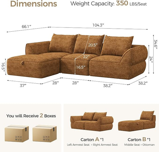 104" Modular Sectional Sofa with Deep Seat, Comfortable Upholstery L Shaped Cloud Couch for Living Room, 3-Seater Boneless Sofa with Movable Ottomans, Removable Cover, No Assembly Required, Orange