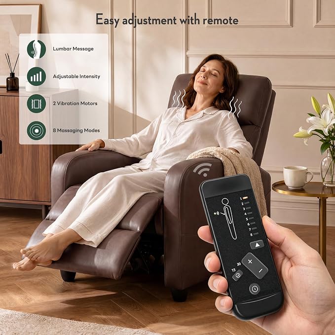 Massage Recliner Chair, Recliner Sofa Fabric for Adults, Recliners Home Theater Seating with Lumbar Support, Reclining Sofa Chair for Living Room, Mocha
