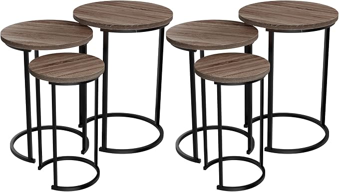 Lavish Home Nesting Tables - Set of 6 Round Side Tables with Woodgrain-Look Tops and Black Metal Frames – Modern Accent & End Table Set for Living Room, Bedroom, or Home Office (Gray/Brown)