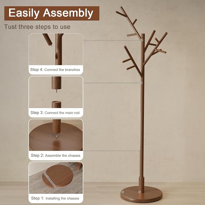 Muwuele Coat Rack, Solid Wood Coat Rack Freestanding With 12 Hooks, Coat Tree Freestanding Heavy Duty 3 Adjustable Heights For Coat, Hats, Handbags, Coat Hanger Stand For Entryway, Bedroom, Walnut