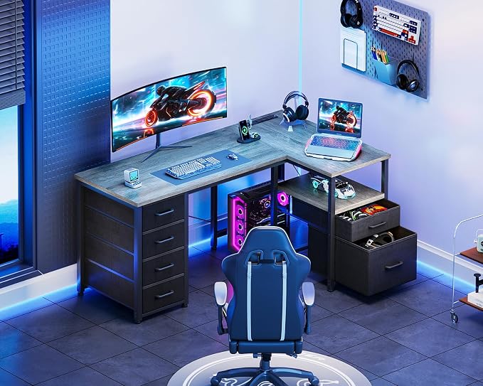 Coleshome L Shaped Computer Desk with 6 Drawers & Power Outlet, 55 Inch Corner Desk with Reversible Storage Shelf & File Drawer, Home Office Desk, Grey Oak