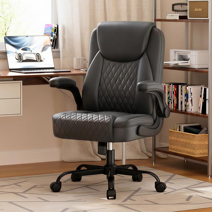 GTPLAYER Leather Office Chair, Home Desk Chair with Flip-up Arms and Ergonomic Back - Comfy Heavy Duty Executive Chair for Home Office Gaming, Gray