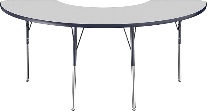 FDP Half Moon Activity School and Office Table (36 x 72 inch), Standard Legs with Swivel Glides for Collaborative Seating Environments, Adjustable Height 19-30 inches - Gray Top and Navy Edge