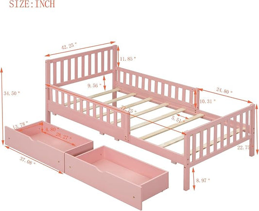 Kids Twin Size Bed Frame with Storage Drawers, Wood Twin Bed Frames for Kids, Twin Bed Frame with Headboard and Footboard for Boys Girls, No Box Spring Needed,Pink