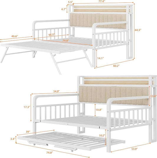Daybed with Trundle and LED Light, Heavy Duty Metal Full Bed Frame with Upholstered Storage Headboard & Charging Station, Day Bed Pop Up Trundle Bed for Living Room,Bedroom and Guest Room, White