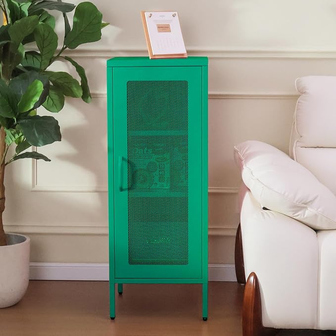 Slim Metal Storage Cabinet with Mesh Doors - 42'' Tall Narrow Organizer Tower, Compact Freestanding Cabinet, Versatile Utility Storage for Home, Office, Kitchen, Living Room, Durable and Modern Design