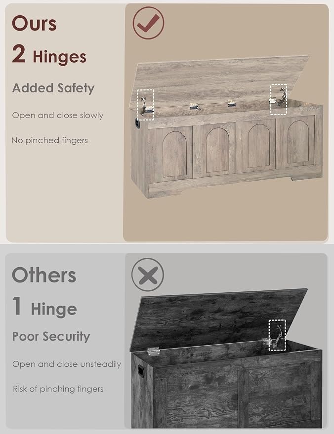 DINZI LVJ Storage Chest, 50”Extra Large Storage Bench with 2 Safety Hinges, Wooden Toy Box with Flip-Top, Large Trunk for Living Room, Playroom, Easy Assembly, Greige
