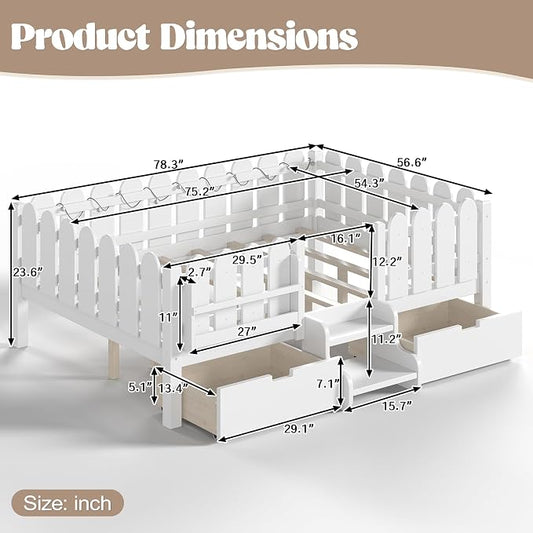 Bellemave Full Size Montessori Bed with Stairs, Lights, Rails and Slats, Full Size Montessori Floor Bed with Bookshelf and 2 Storage Drawers, Easy Assemble Beds Frame for Girls, Boys, White