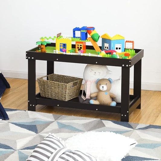 Costzon 2 in 1 Kids Activity Table w/Storage, Patented Building Block Table w/Board for Bricks Crafts Arts Draw, Children Solid Wood Play Table Desk for Preschool Toddler Boy & Girl Gift, Espresso