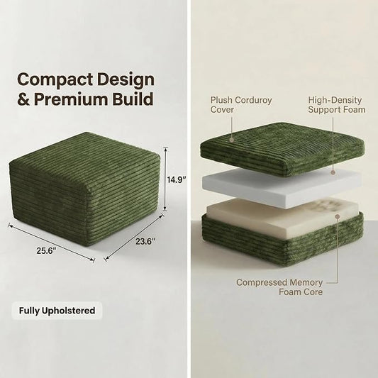 25.6 inch Plush Corduroy Ottoman, Modular Sectional Foot Rest for Living Room, Upholstered Cloud Ottoman for Boneless Couch in a Box, Compressed Memory Foam, No Assembly Require, Green