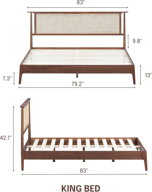 NTC Ruby Wooden Bed Frame with Headboard and Natural Rattan, Solid Oak/Rubber Wood Foundation with Silent Slats, 1000 Lb Capacity, Effortless Assembly (Natural Cane - Dark Walnut, King)