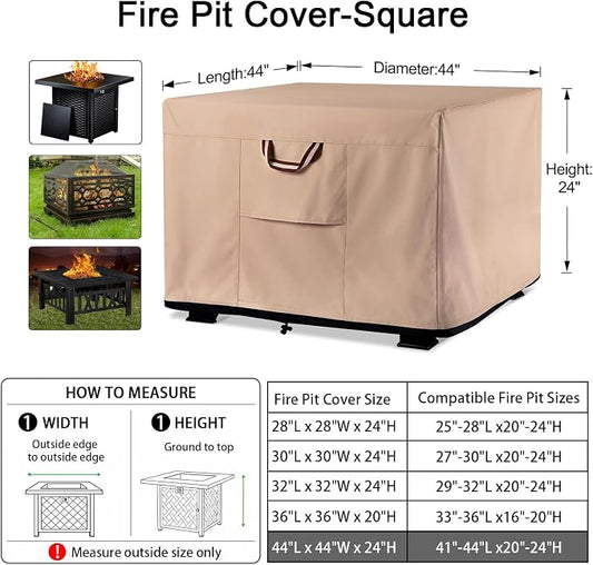 QH.HOME Fire Pit Cover Square-40-44 Inch Heavy Duty 900D Strong Tear-Resistant and UV Resistant and Waterproof and Fading Resistant Material Polyester Firepit Covers for Outdoor Fire Table-Wheat