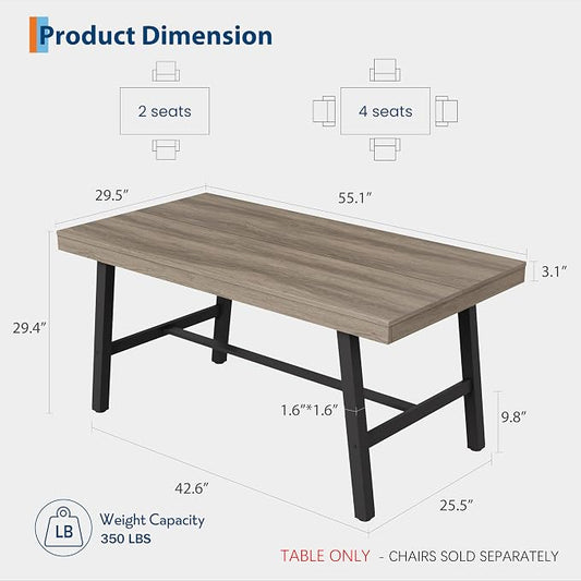 GarveeHome Industrial Dining Table for 2-4, 55" Heavy Duty Rectangular Kitchen Table with 2"×2" Metal Legs, Small Space Dining Table for Kitchen, Dining Room (Grey Walnut, 55" Non-extendable)